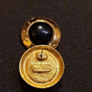 Gold Tone Black Cabochon Button Earrings